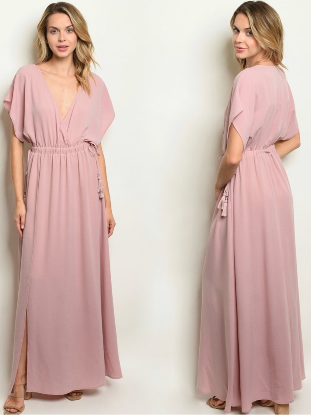 Blush Pink V-Neck Maxi Dress with Tassel Waist
